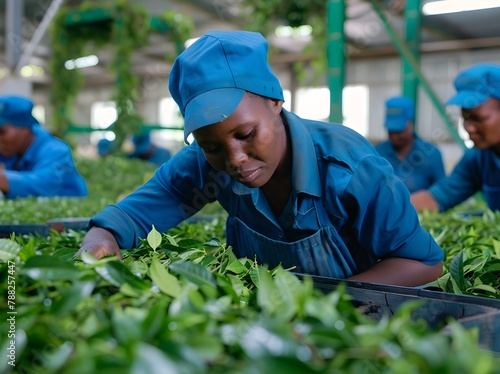 black woman smiling, collecting tea on a tea plantation, national clothes, label, tea business card, Rwanda, Africa