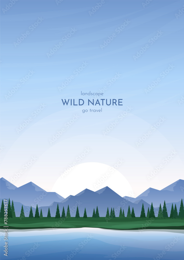 Naklejka premium Vector image background. Mountains, trees and a green valley near a river or lake. Dawn. Clear blue sky. Travel and tourism concept.