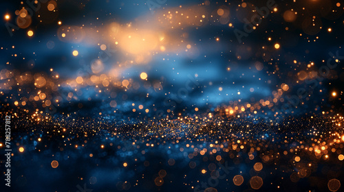 abstract background with Dark blue and gold particles. Golden light shine particles bokeh on a navy blue background. 