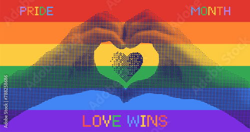 LGBT pride month.Fashionable halftone collage. Concept idea gesture hands showing heart.Rainbow flag. retro halftone style. Modern vector illustration.