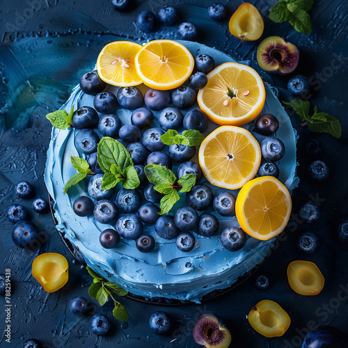 blue celebratory birthday cake with blueberries and lemons