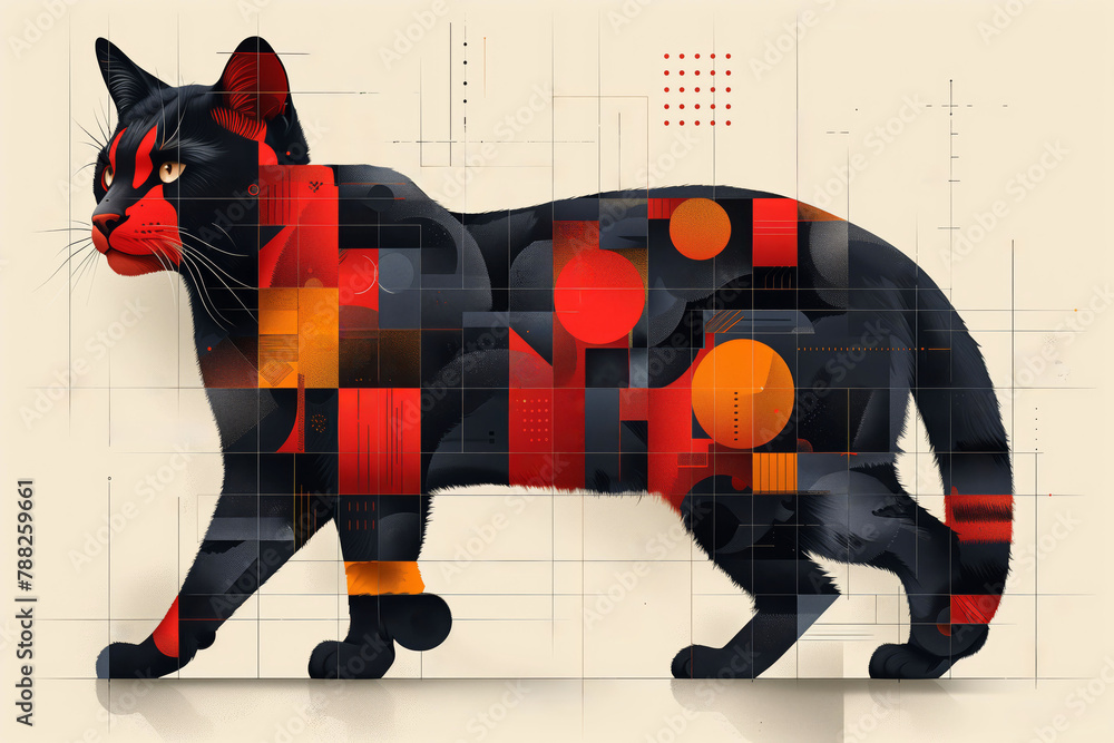 Abstract Artistic Interpretation of a Cat Composed of Geometric Shapes and Patterns