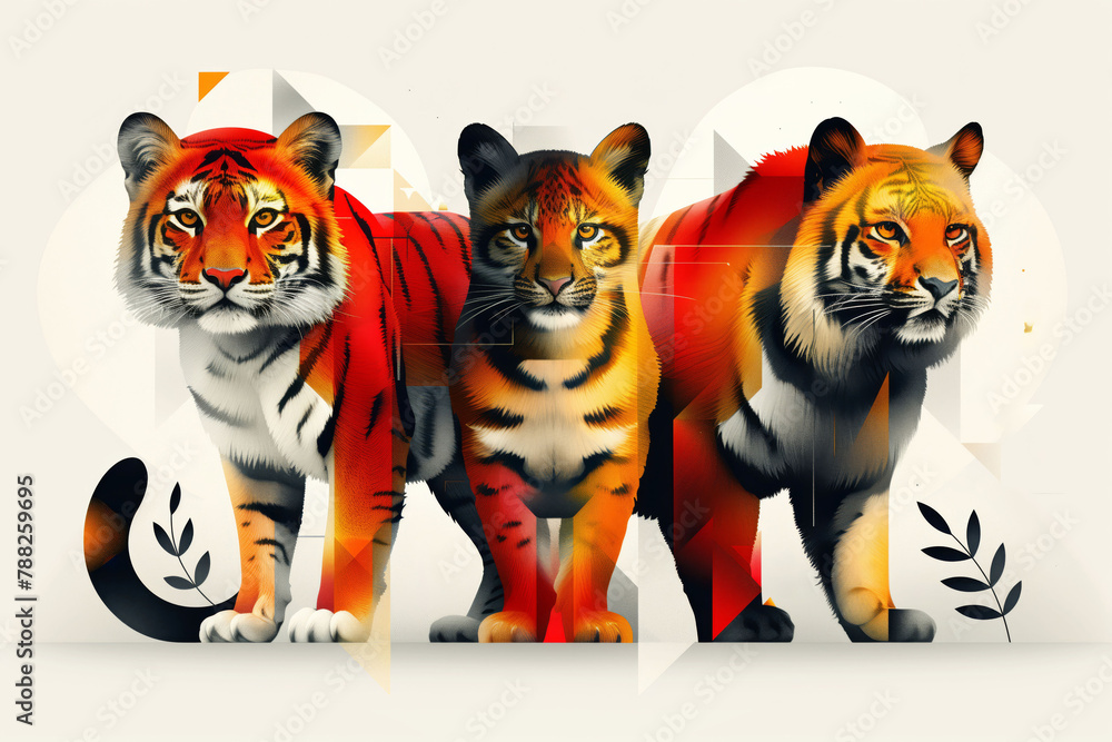 Fototapeta premium Three Stages of a Tiger's Movement in a Stylized Geometric Artwork