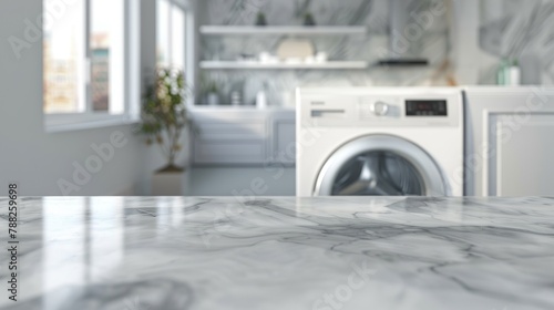 White blurry home laundry room with modern washing machine and empty marble table top. Blank space for product display. copy space for text.