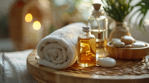 Wellness spa essentials on a bamboo tray