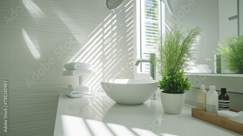 A bathroom with a white sink and a potted plant. The sink is in the center of the image and the plant is on the right side. The bathroom is well-lit and clean  giving off a fresh