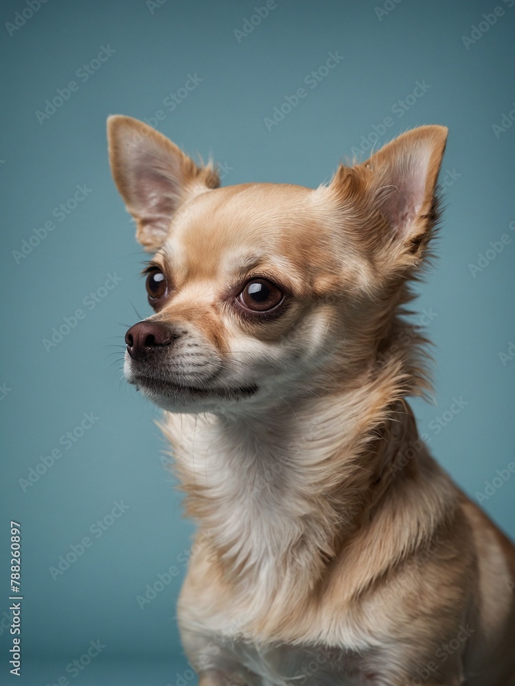 Small dog with large, dark eyes, tan fur sits patiently against blue background. Dog's fur mix of light, dark tan, with white chest, lighter fur around face. Ears large, pointed. Small dog with large, dark eyes, tan fur sits patiently against blue background. Dog's fur mix of light, dark tan, with white chest, lighter fur around face. Ears large, pointed.