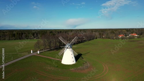 Beautiful aerial view of Vihula windmill in summer, Lahemaa, Estonia. Old windmill in the Lahemaa National Park in Estonia. Old windmill on the side of the road. (ID: 788260880)