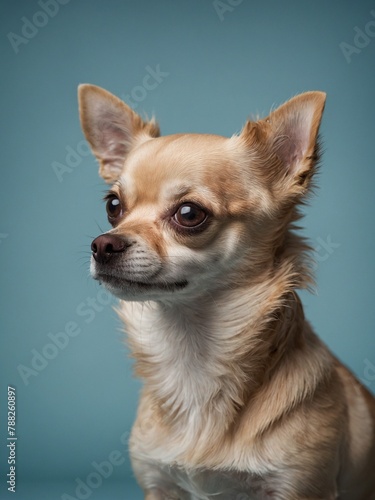 Small dog with large, dark eyes, tan fur sits patiently against blue background. Dog's fur mix of light, dark tan, with white chest, lighter fur around face. Ears large, pointed.