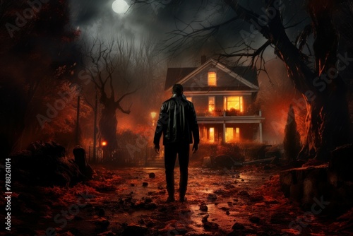 Eerie Adult man halloween house. Holiday creepy. Generate Ai © juliars