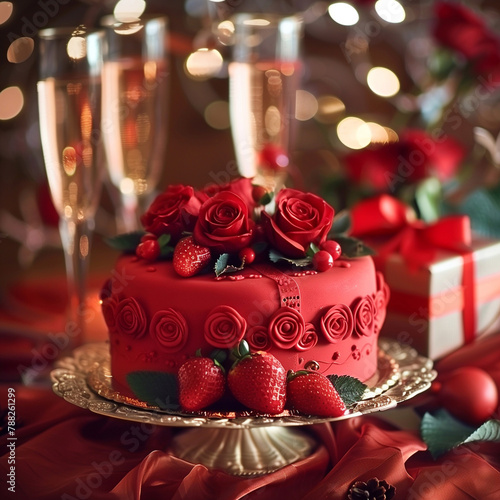 red celebration birthday cake with strawberry with glasses of champagne