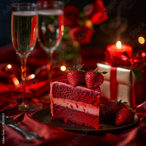 piece of red celebration birthday cake with strawberry