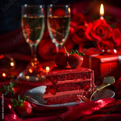 piece of red celebration birthday cake with strawberry with glasses of champagne