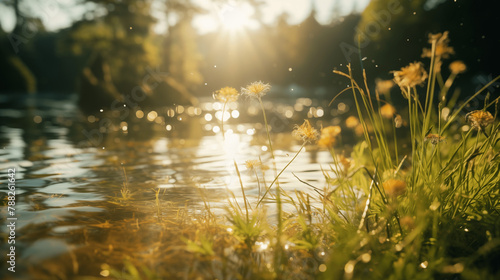 Paysage d un coucher de soleil sur un lac en arri  re-plan  avec au premier plan des herbes  plantes. Arri  re-plan de flou. Reflet du soleil sur l eau. Pour conception et cr  ation graphique.