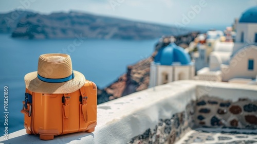 A hat and orange suitcase on ledge overlooking ocean with blue sky, AI