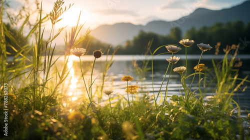 Paysage d'un coucher de soleil sur un lac en arrière-plan, avec au premier plan des herbes, plantes. Arrière-plan de flou. Reflet du soleil sur l'eau. Pour conception et création graphique.