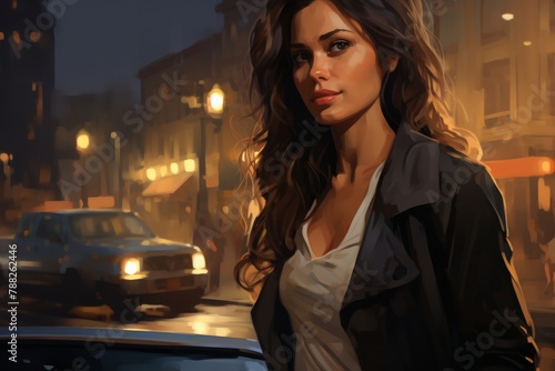 Illustration of a woman in the city during evening with cars, buildings and city lights