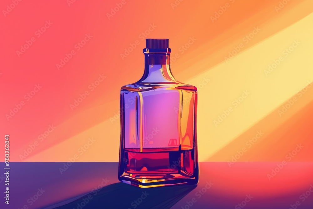 A captivating glass bottle radiates with vibrant orange and purple hues, perfect for dynamic design and artistic projects.