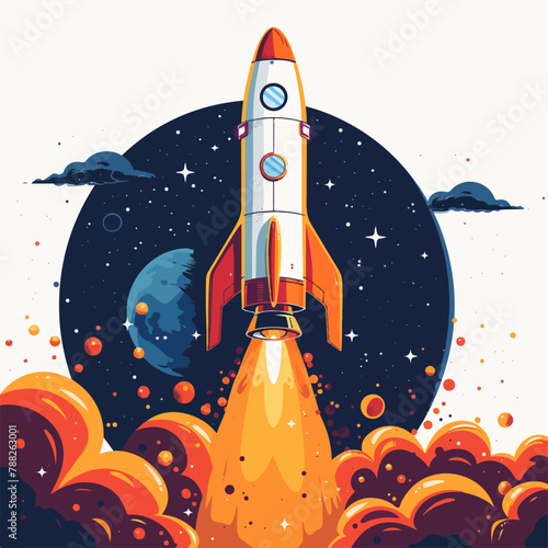 cartoon spaceship flighing through the stars illustration in vectorial, rocket in space, logo