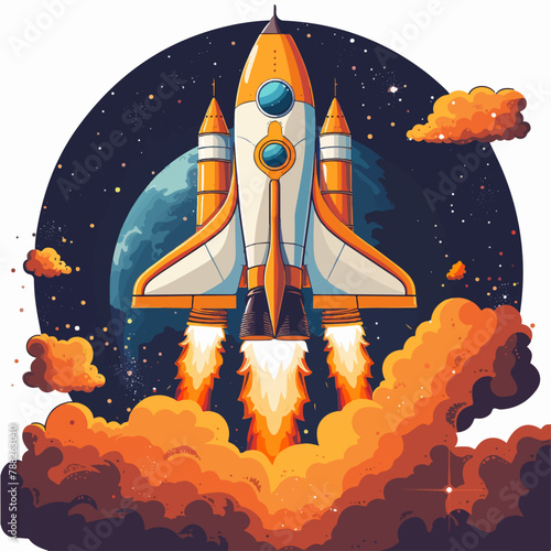 cartoon spaceship flighing through the stars illustration in vectorial, rocket in space, logo photo