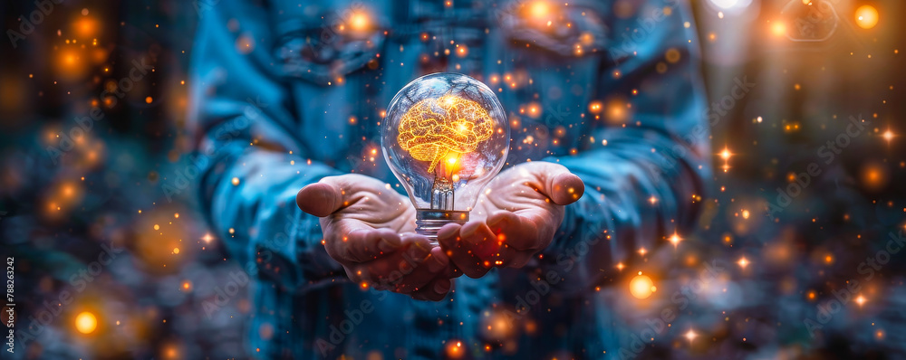 Businessman's Hands Holding Light Bulb Brain with Digital Network - Innovation, New Idea, Creative Inspiration, Business Development Concept