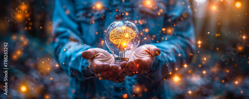 Businessman's Hands Holding Light Bulb Brain with Digital Network - Innovation, New Idea, Creative Inspiration, Business Development Concept