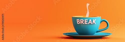 A bold blue coffee cup with 'BREAK' text against a striking orange backdrop. Perfect for break time concepts and vibrant ads.