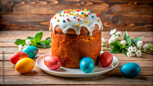 Russian Easter kulich with Easter eggs