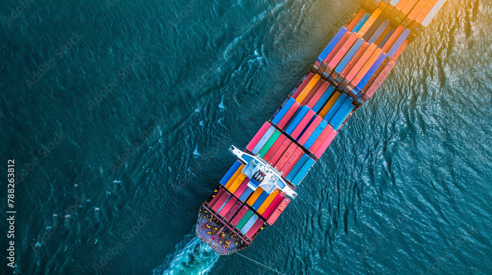 Aerial view from drone, Container ship or cargo shipping business logistic import and export freight transportation by container ship in the open sea, freight ship boat.


