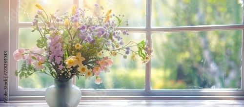 Vase of lovely spring blooms set against a window backdrop