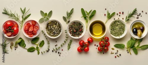Italian food ingredients such as herbs, olives, oil, and tomatoes arranged in a high angle view against a neutral background.Kong Ge Liu Bai Yi Gong Nin Tian Jia Wen Ben . 