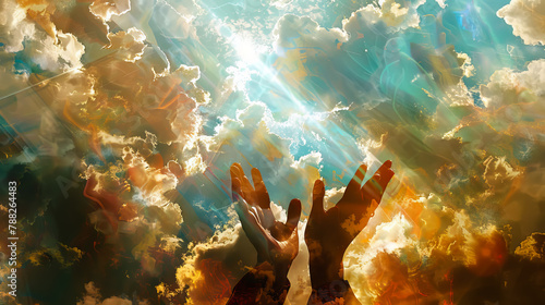 hands reaching towards the sky in prayer against  clouds and sunlight. photo