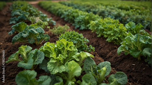 Rows / plantation of young pepper, leek, cabbage on a farm on a sunny day. Growing organic vegetables. Eco-friendly products. Agriculture land and farming. Agro business. Selective focus