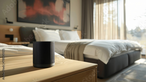 A smart speaker on a bedroom table.