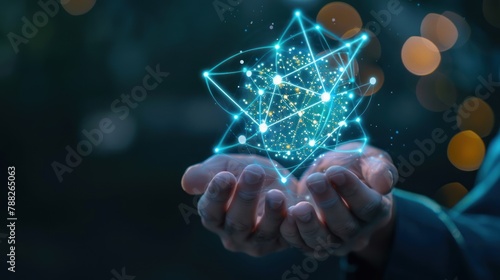 Abstract scientist hands-holding nuclear atom hologram model. Science, Technology concepts. Low poly light blue digital hand securing molecule icon on blue background. AI generated