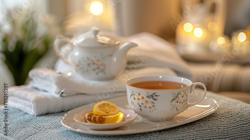 A tea set with a cup and lemon slice