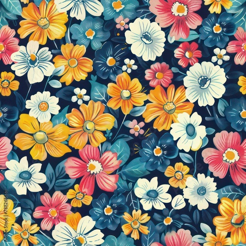 Seamless preppy multicolored flowers pattern background