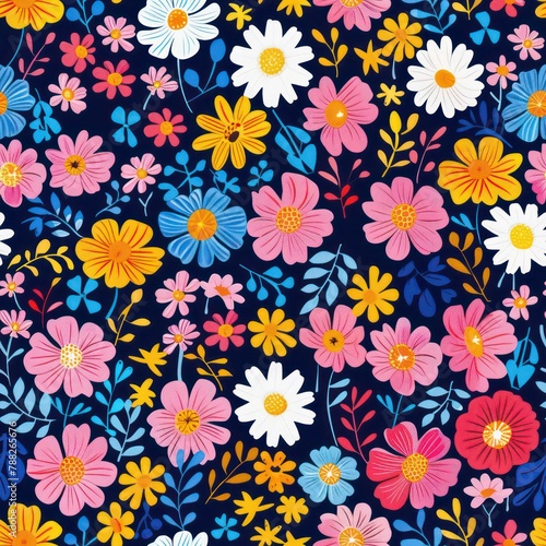 Seamless preppy multicolored flowers pattern background