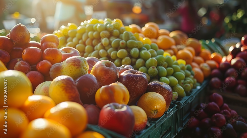 Farmer's market fruit stand, close view of assorted fruits, morning light, fresh and organic, local produce Farmer's market fruit stand, close view of assorted fruits, morning light, fresh and organic, local produce