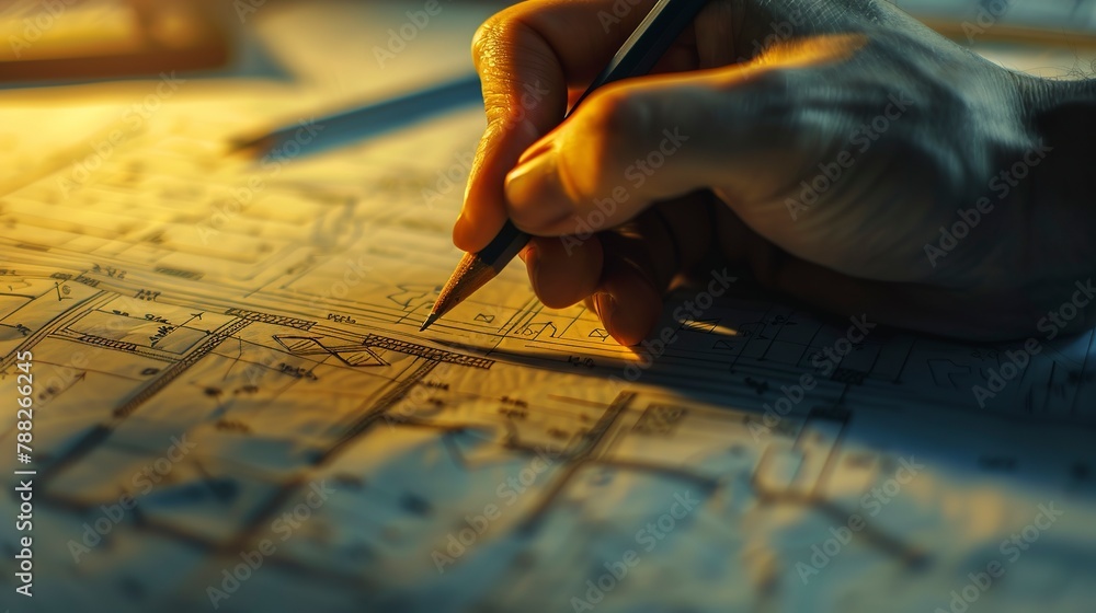 Architect's hand drawing residential blueprint, macro shot, focused light, creative process, property design Architect's hand drawing residential blueprint, macro shot, focused light, creative process, property design