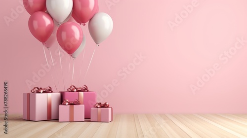 Pink gift box with balloons. Happy birthday background. Celebration concept.