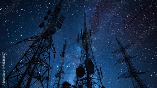 Radio antenna array under starry night, tight shot, long-range transmission, broadcasting power