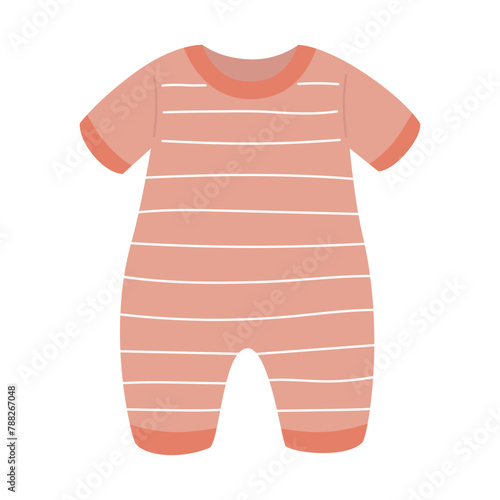 Newborn baby bodysuit with stripes in pink color. Cute hand drawn kids outfit in flat style. Baby clothes theme. Vector isolated illustration on white background.