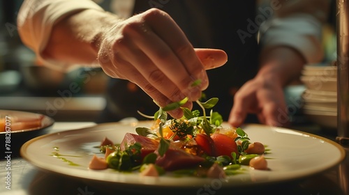 Chef garnishing a dish, tight shot, culinary art, fine dining, hospitality excellence 