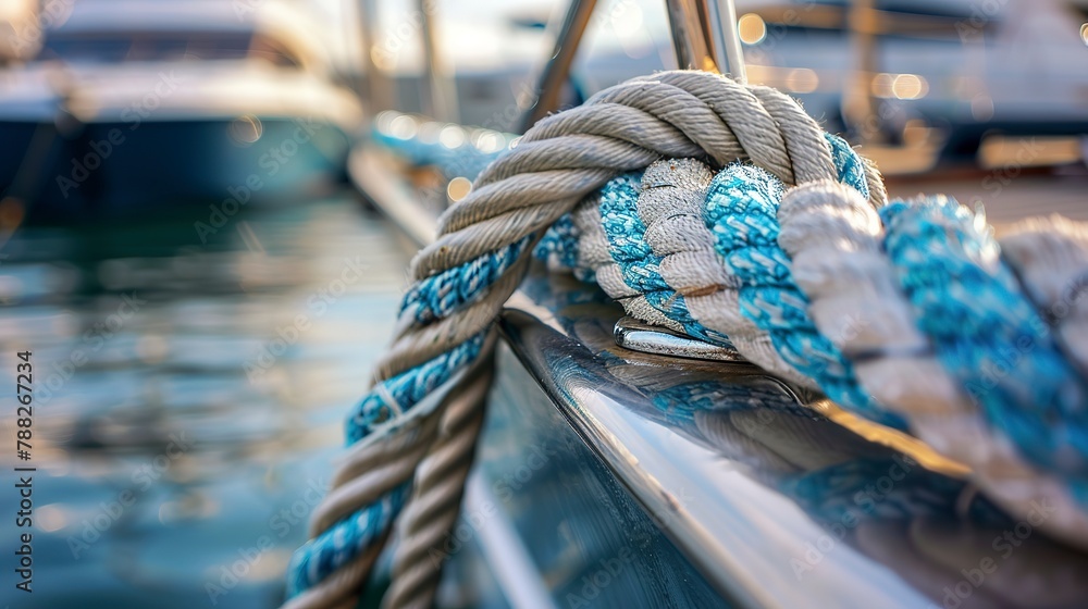 Rope tied to a dock cleat, macro shot, secure mooring, maritime safety, port life 