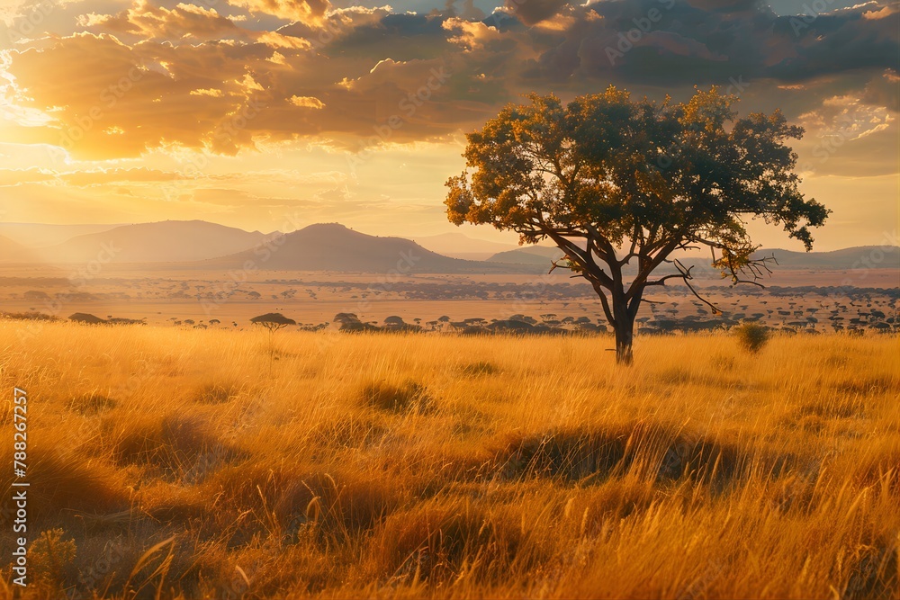 Golden Serenity: Acacia Tree Amidst African Savannah Grasslands