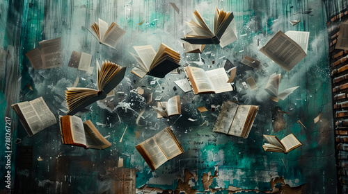 Many hardcover open books falling with smoke, symbols of freedom of speech and expression.