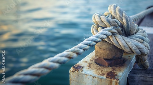 Rope tied to a dock cleat, macro shot, secure mooring, maritime safety, port life  photo
