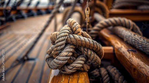 Sailor knot on a vintage ship, close-up, nautical tradition, skilled craftsmanship, seafaring detail 
