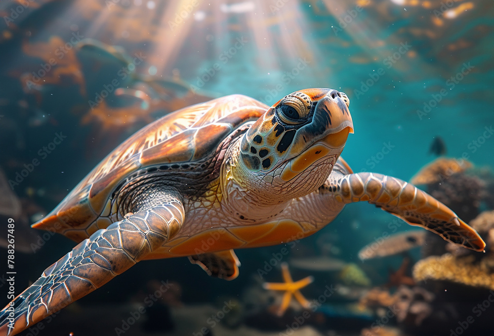 Obraz premium A close-up of a sea turtle swimming in the ocean.
